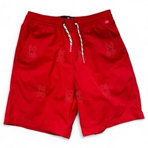 Psycho Bunny Boys Size 10-12 Red Mesh Lined Swim Trunks Drawstring Elastic Waist
